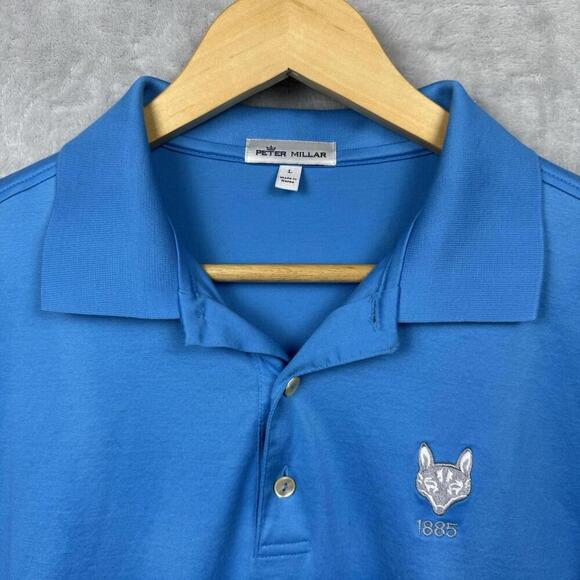 Peter Millar Blue Cotton Polo Shirt 1885 Fox Logo Men Size L Golf Casual Stretch - Picture 4 of 8
